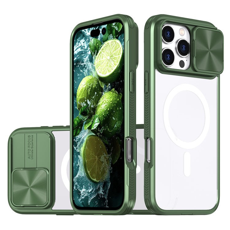 For iPhone 16 Pro Clear Phone Case Compatible with MagSafe PC Cover with Camera Lens Slider - Olive Green