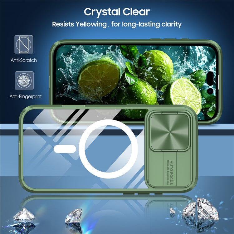 For iPhone 16 Pro Clear Phone Case Compatible with MagSafe PC Cover with Camera Lens Slider - Olive Green