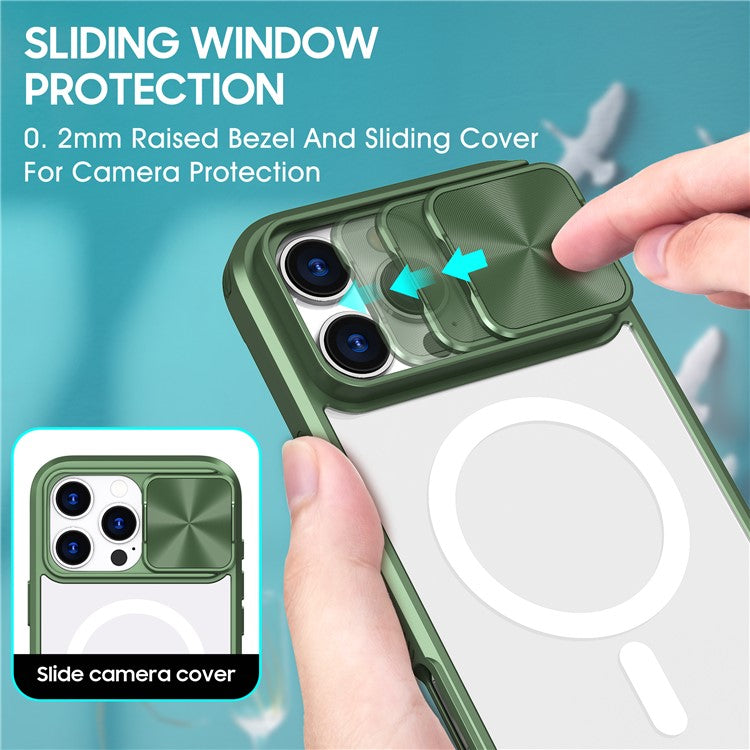 For iPhone 16 Pro Clear Phone Case Compatible with MagSafe PC Cover with Camera Lens Slider - Olive Green