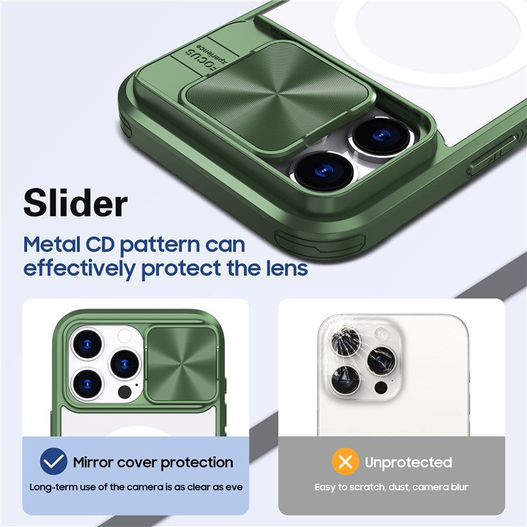 For iPhone 16 Pro Clear Phone Case Compatible with MagSafe PC Cover with Camera Lens Slider - Olive Green