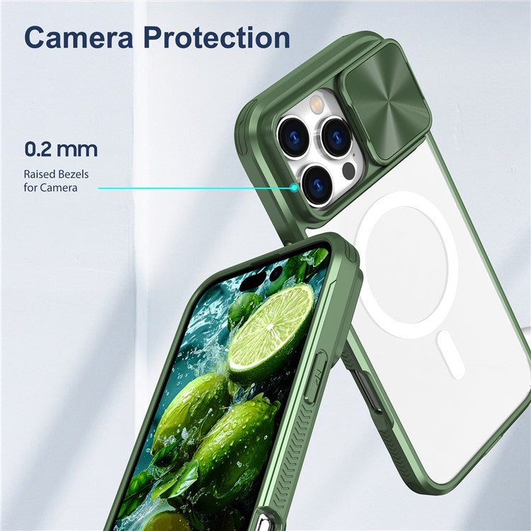 For iPhone 16 Pro Clear Phone Case Compatible with MagSafe PC Cover with Camera Lens Slider - Olive Green