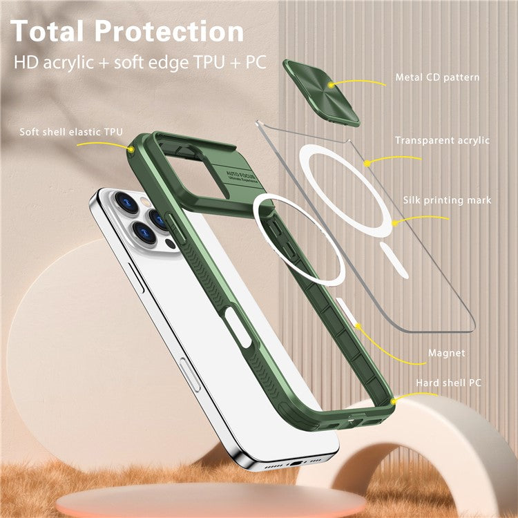 For iPhone 16 Pro Clear Phone Case Compatible with MagSafe PC Cover with Camera Lens Slider - Olive Green