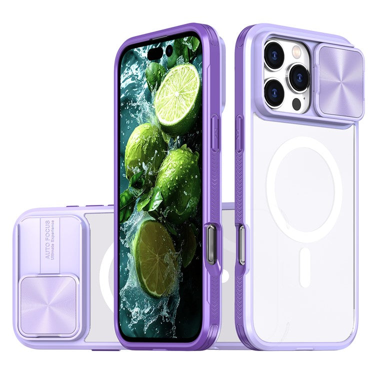 For iPhone 16 Pro Clear Phone Case Compatible with MagSafe PC Cover with Camera Lens Slider - Purple