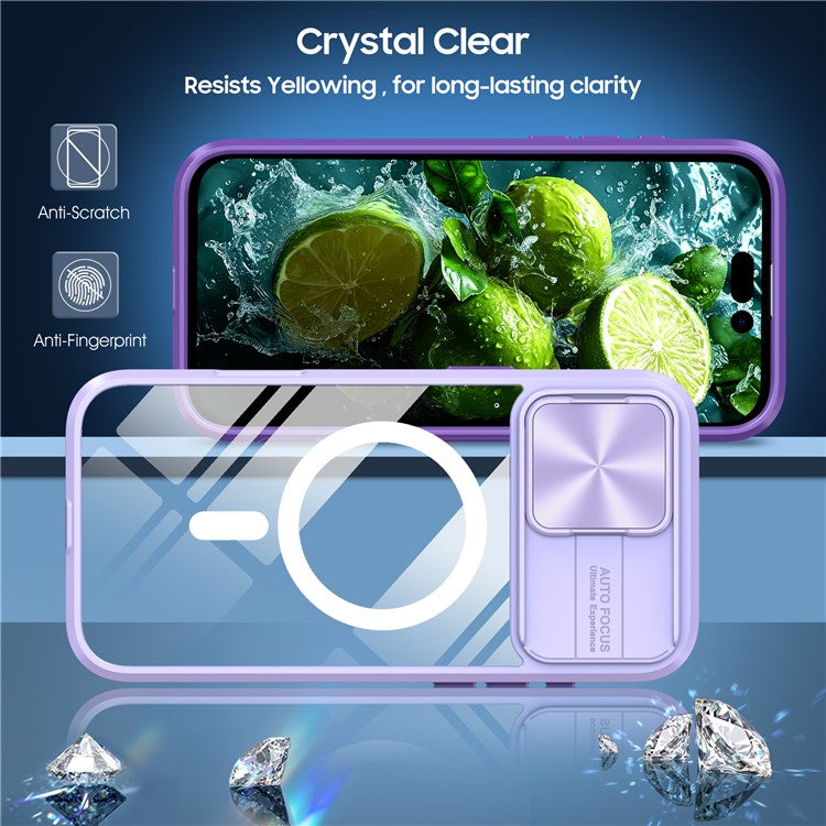 For iPhone 16 Pro Clear Phone Case Compatible with MagSafe PC Cover with Camera Lens Slider - Purple