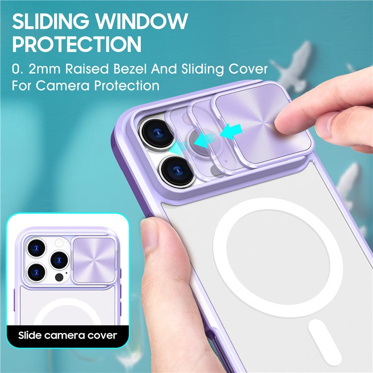 For iPhone 16 Pro Clear Phone Case Compatible with MagSafe PC Cover with Camera Lens Slider - Purple