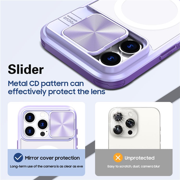 For iPhone 16 Pro Clear Phone Case Compatible with MagSafe PC Cover with Camera Lens Slider - Purple