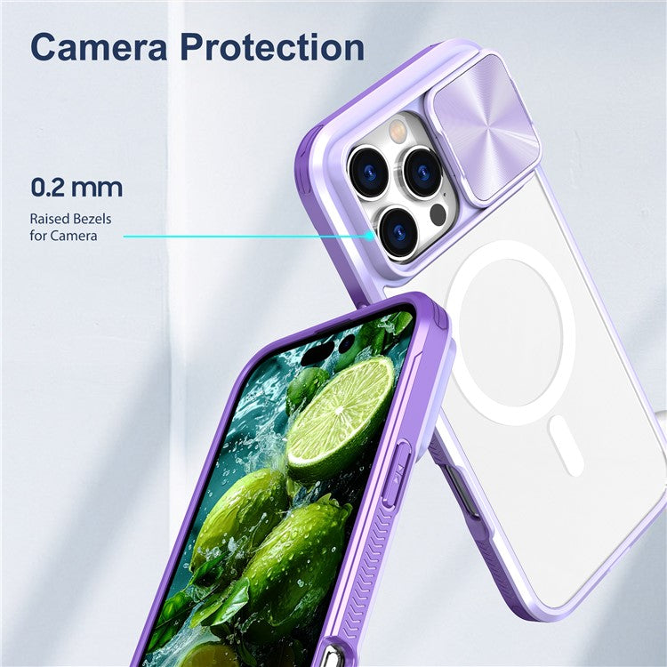 For iPhone 16 Pro Clear Phone Case Compatible with MagSafe PC Cover with Camera Lens Slider - Purple