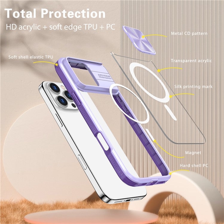 For iPhone 16 Pro Clear Phone Case Compatible with MagSafe PC Cover with Camera Lens Slider - Purple