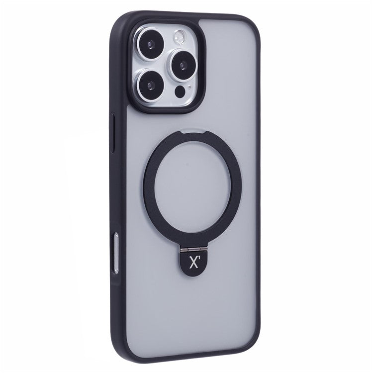 X-LEVEL PITHY STONE II For iPhone 16 Pro Magnetic Case PC+TPU Back Cover Kickstand - Black
