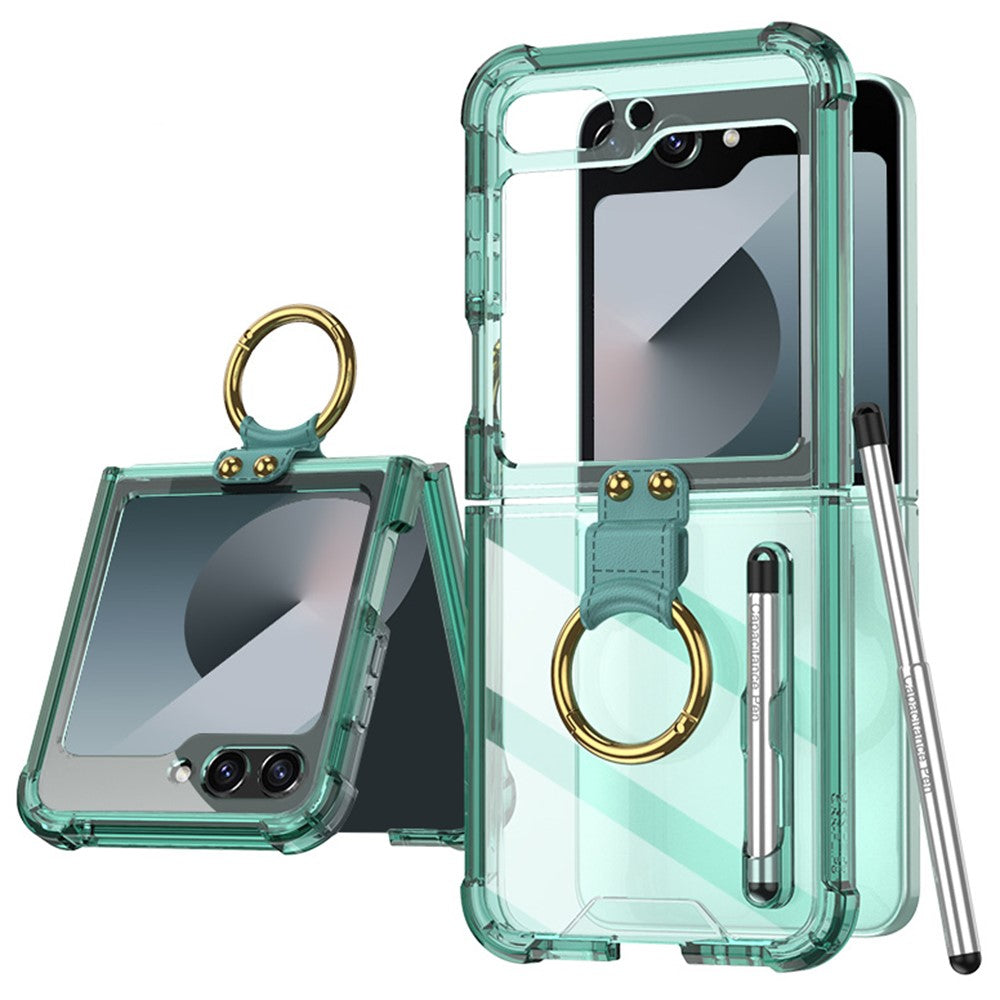 GKK For Samsung Galaxy Z Flip7 FE 5G / Z Flip6 5G Case Shockproof Phone Cover Ring Kickstand with Stylus - Transparent Green