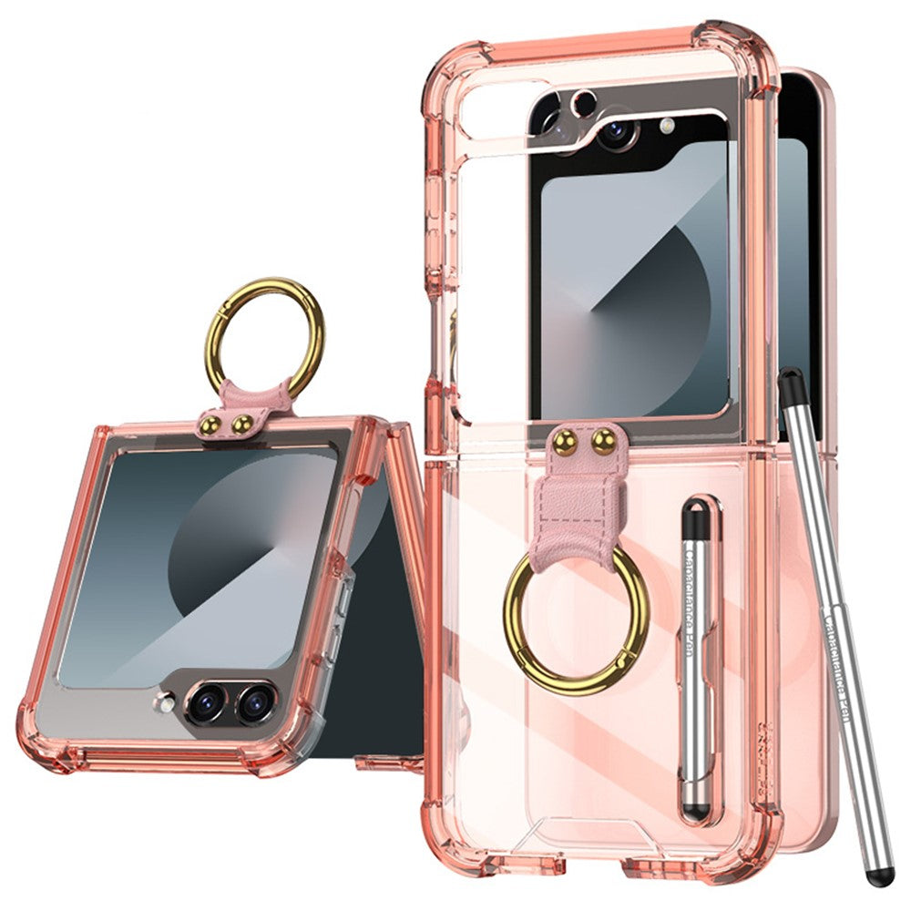 GKK For Samsung Galaxy Z Flip7 FE 5G / Z Flip6 5G Case Shockproof Phone Cover Ring Kickstand with Stylus - Transparent Orange