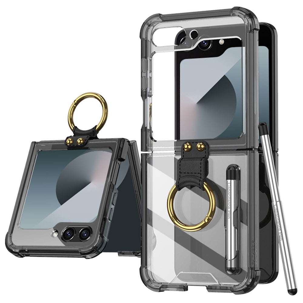 GKK For Samsung Galaxy Z Flip7 FE 5G / Z Flip6 5G Case Shockproof Phone Cover Ring Kickstand with Stylus - Transparent Black