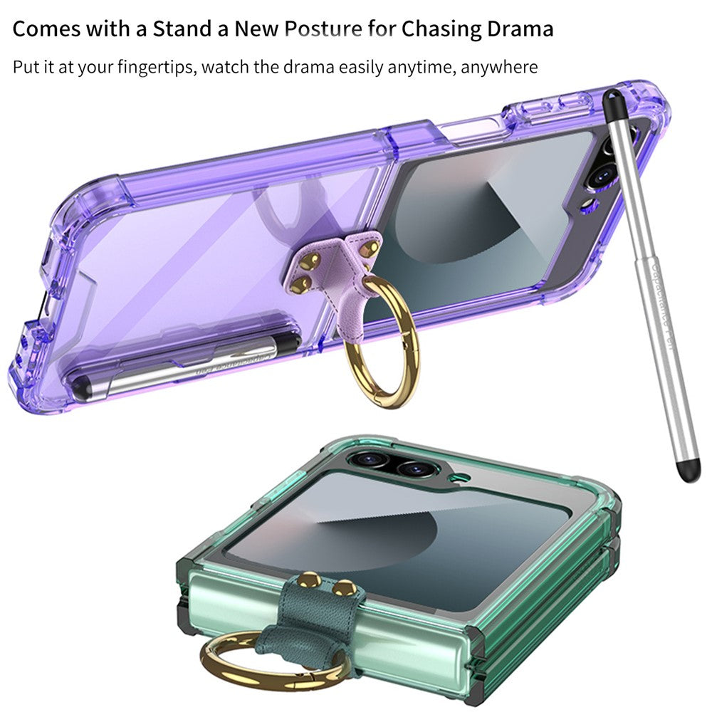 GKK For Samsung Galaxy Z Flip7 FE 5G / Z Flip6 5G Case Shockproof Phone Cover Ring Kickstand with Stylus - Transparent Purple