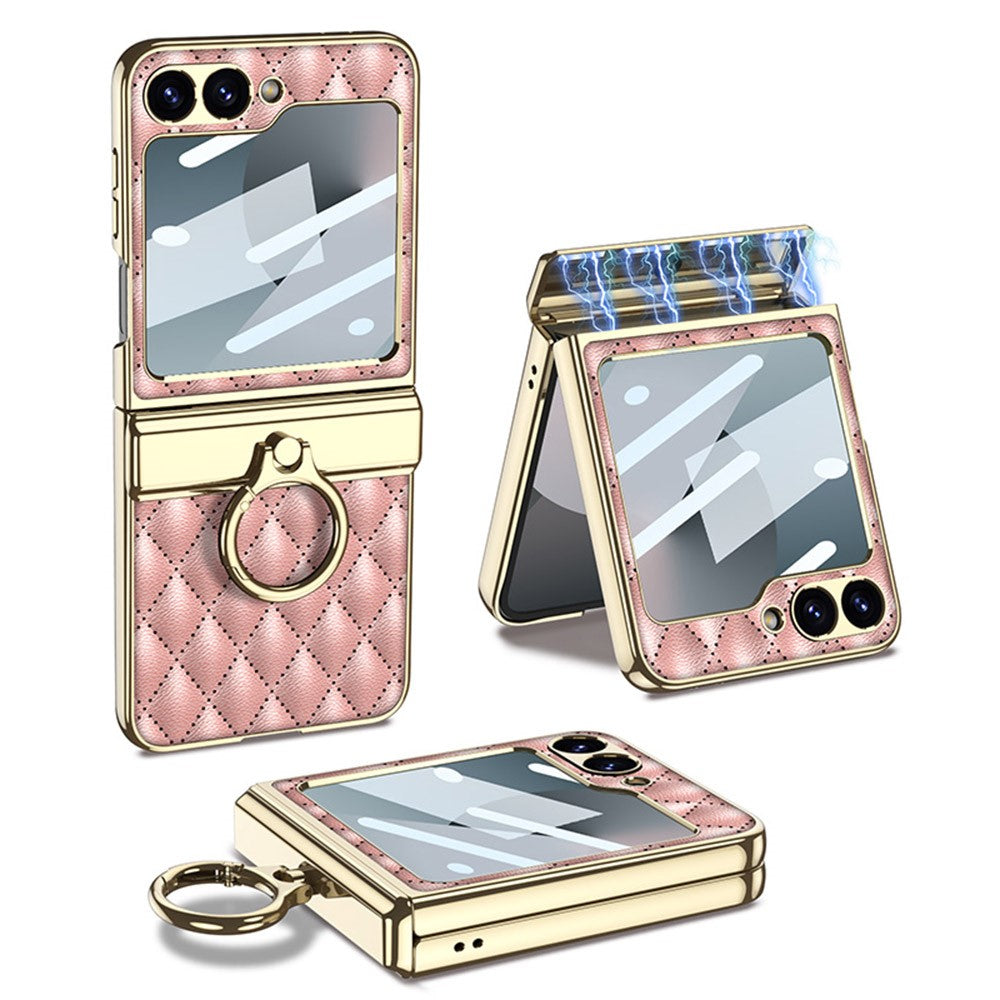 GKK For Samsung Galaxy Z Flip7 FE 5G / Z Flip6 5G Kickstand Case Rhombus Pattern PC+PU Phone Cover - Pink