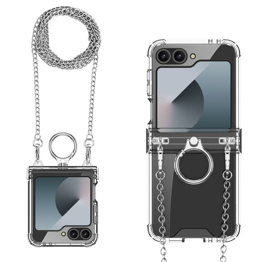 GKK For Samsung Galaxy Z Flip7 FE 5G / Z Flip6 5G Clear Case Airbag Hinge Protector Kickstand PC Phone Cover with Strap - Silver