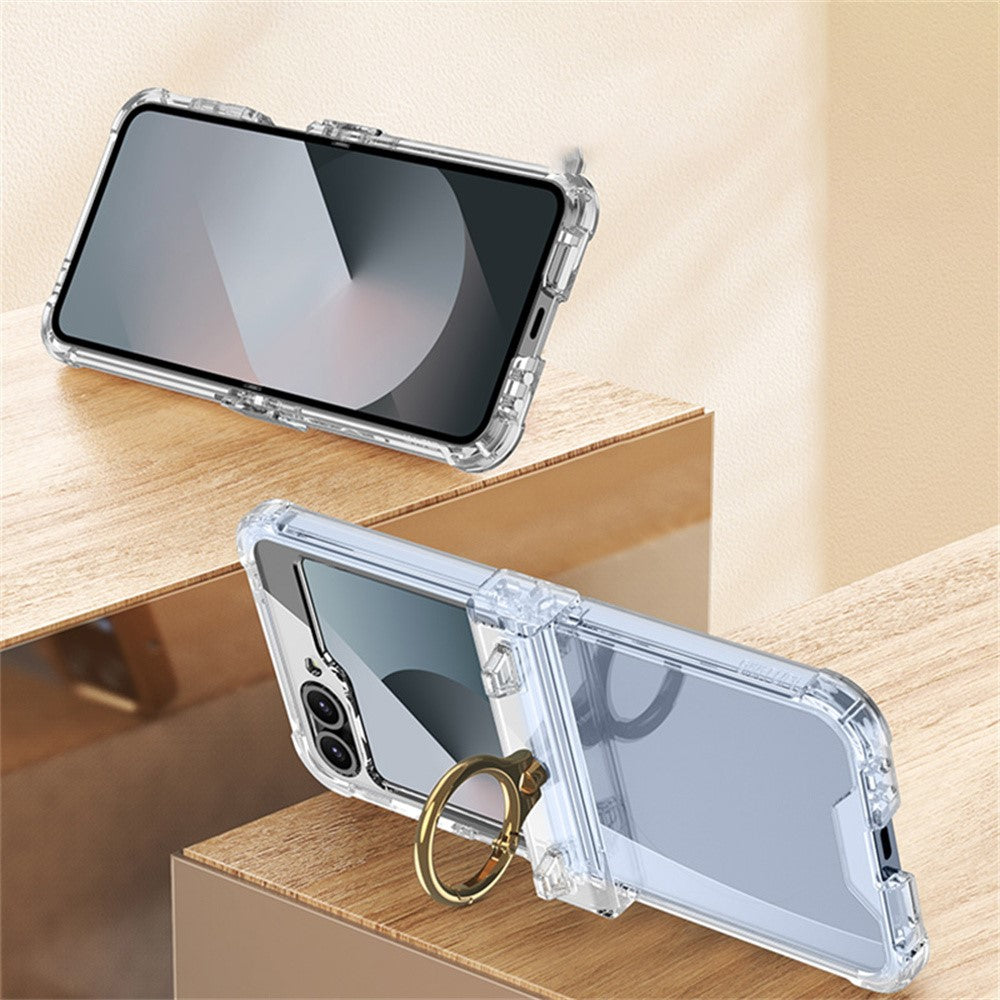 GKK For Samsung Galaxy Z Flip7 FE 5G / Z Flip6 5G Clear Case Airbag Hinge Protector Kickstand PC Phone Cover with Strap - Silver