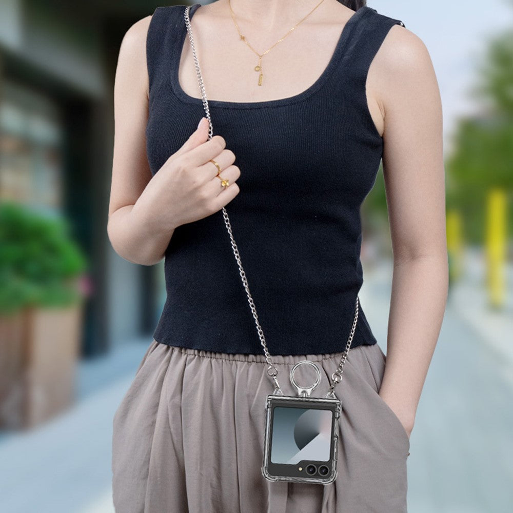 GKK For Samsung Galaxy Z Flip7 FE 5G / Z Flip6 5G Clear Case Airbag Hinge Protector Kickstand PC Phone Cover with Strap - Gold