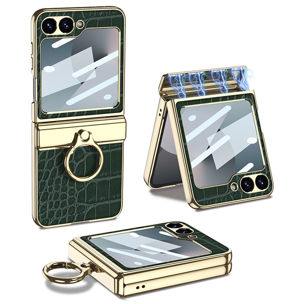 GKK For Samsung Galaxy Z Flip7 FE 5G / Z Flip6 5G Case Magnetic Hinge Protection PU+PC Kickstand Phone Cover - Crocodile Green
