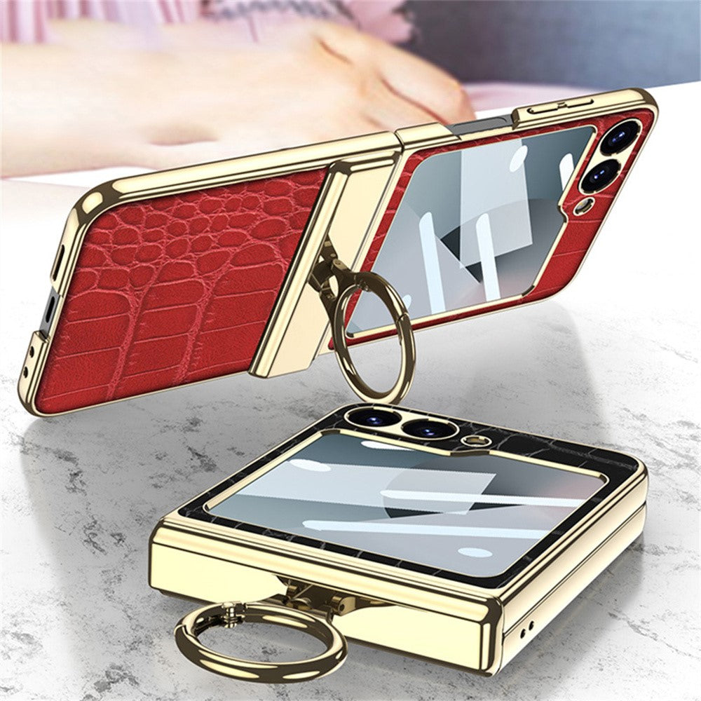 GKK For Samsung Galaxy Z Flip7 FE 5G / Z Flip6 5G Case Magnetic Hinge Protection PU+PC Kickstand Phone Cover - Crocodile Green