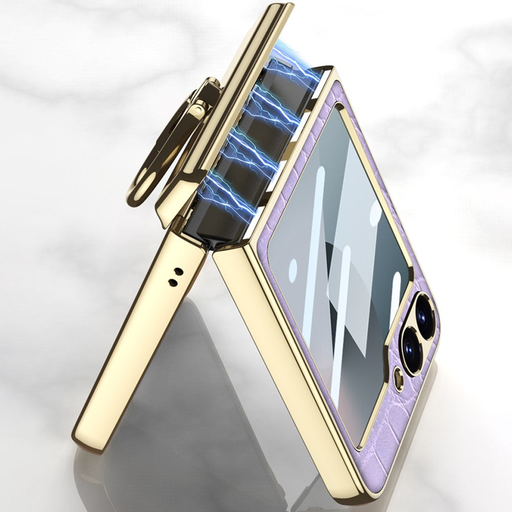 GKK For Samsung Galaxy Z Flip7 FE 5G / Z Flip6 5G Case Magnetic Hinge Protection PU+PC Kickstand Phone Cover - Crocodile Green