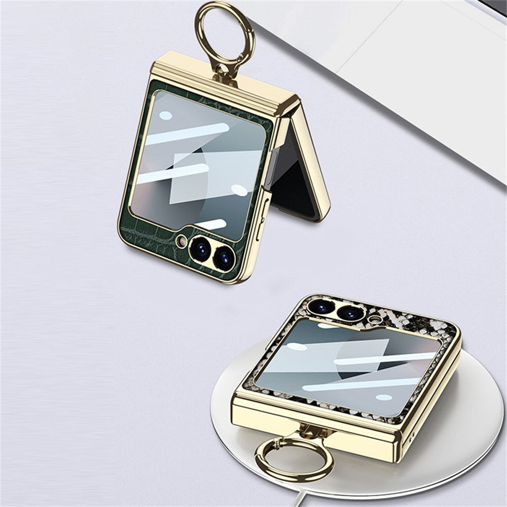 GKK For Samsung Galaxy Z Flip7 FE 5G / Z Flip6 5G Case Magnetic Hinge Protection PU+PC Kickstand Phone Cover - Crocodile Green