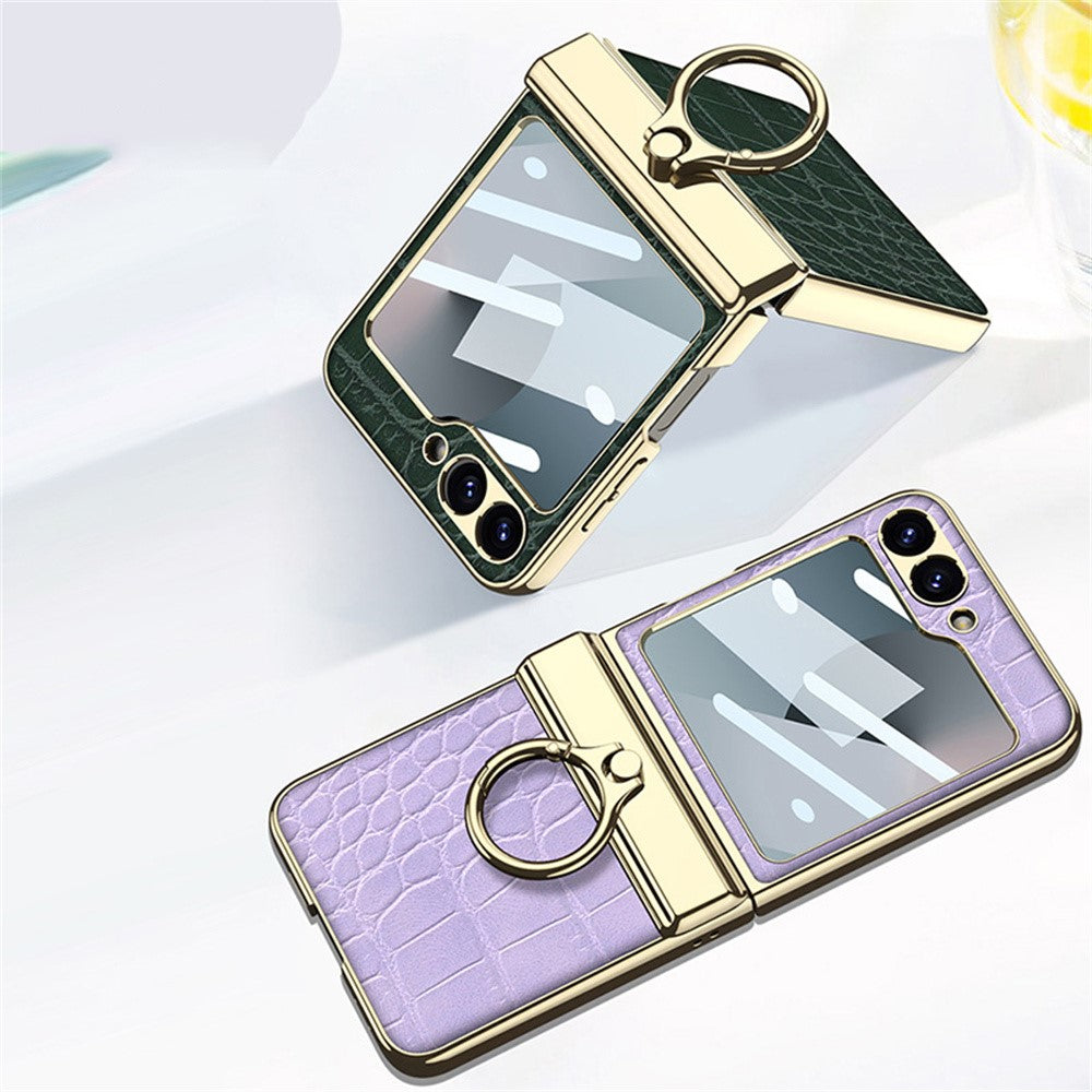 GKK For Samsung Galaxy Z Flip7 FE 5G / Z Flip6 5G Case Magnetic Hinge Protection PU+PC Kickstand Phone Cover - Crocodile Green