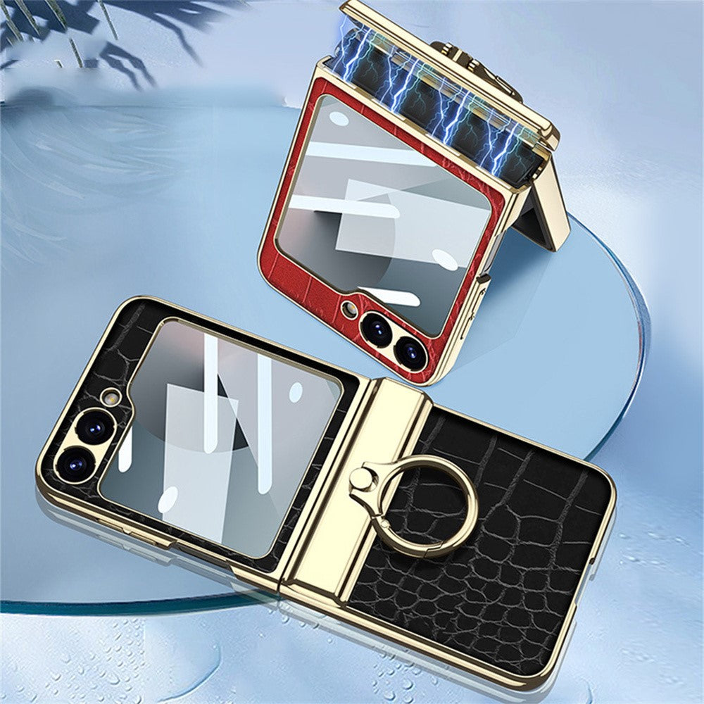 GKK For Samsung Galaxy Z Flip7 FE 5G / Z Flip6 5G Case Magnetic Hinge Protection PU+PC Kickstand Phone Cover - Crocodile Green