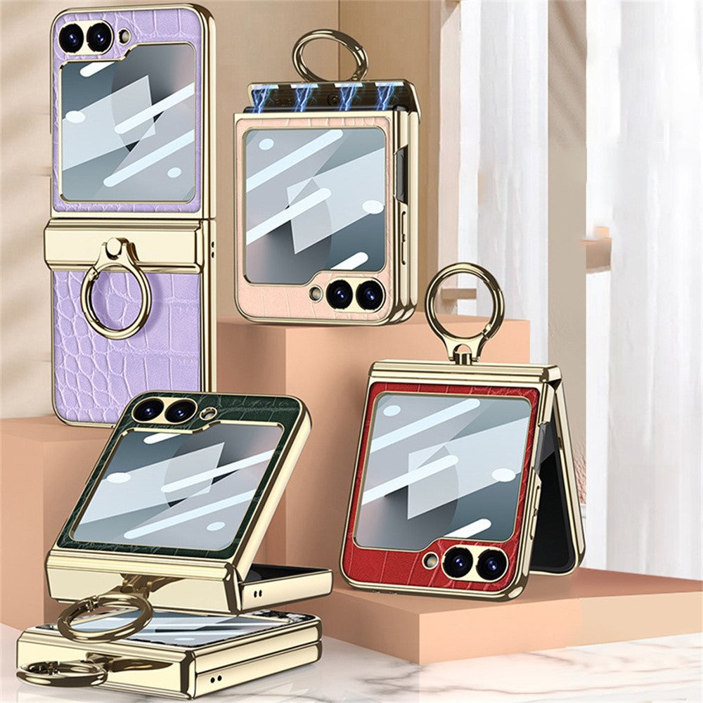 GKK For Samsung Galaxy Z Flip7 FE 5G / Z Flip6 5G Case Magnetic Hinge Protection PU+PC Kickstand Phone Cover - Crocodile Green