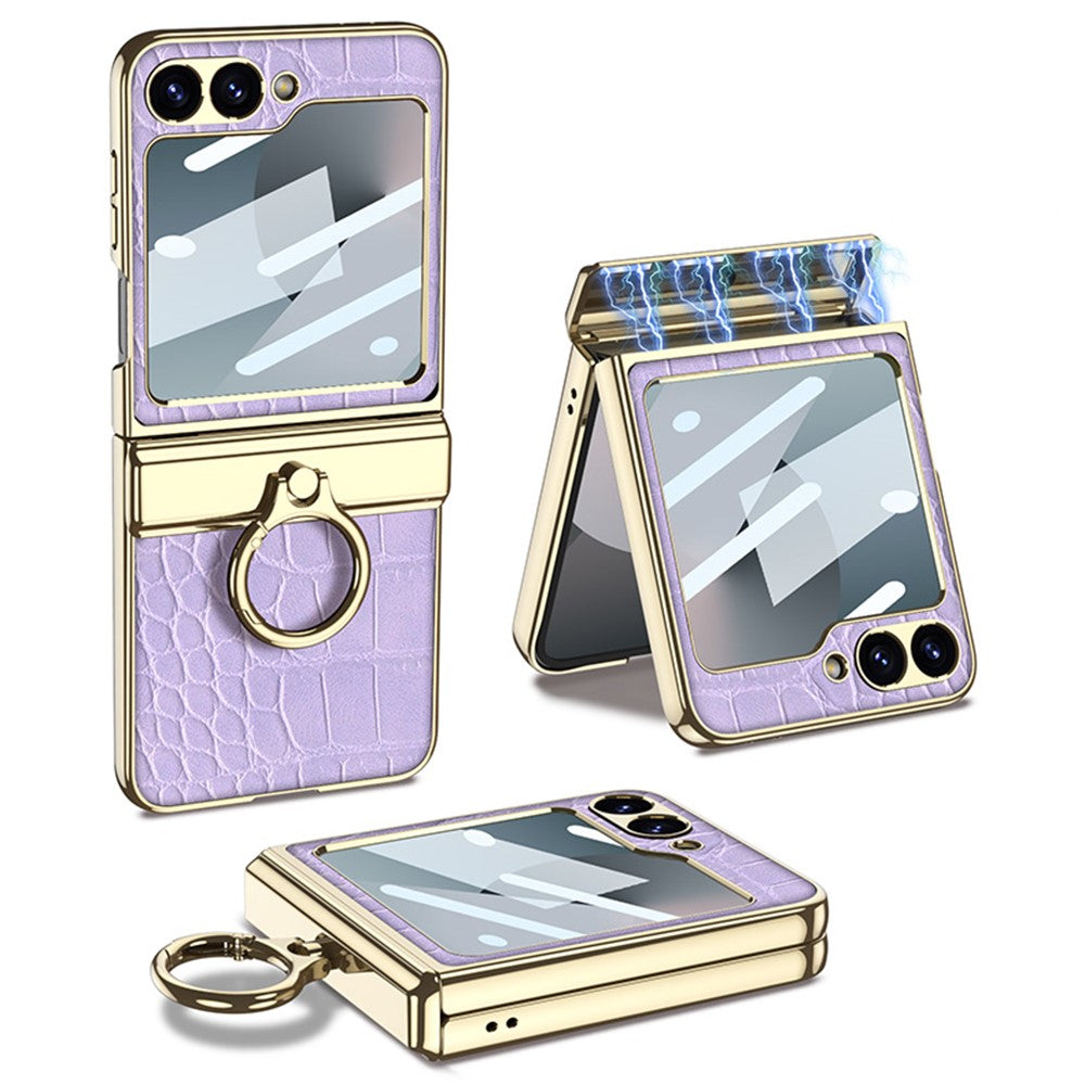 GKK For Samsung Galaxy Z Flip7 FE 5G / Z Flip6 5G Case Magnetic Hinge Protection PU+PC Kickstand Phone Cover - Crocodile Purple