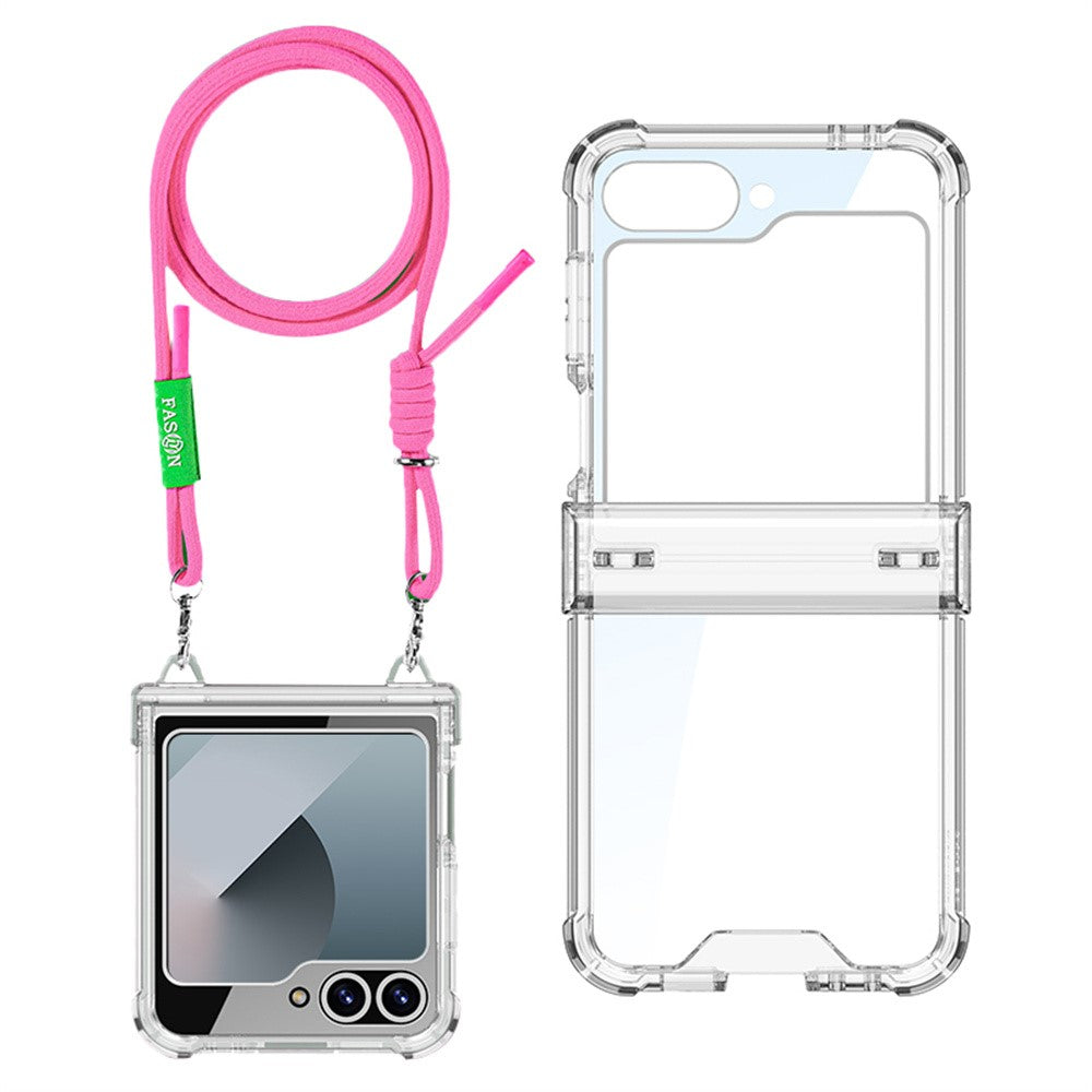 GKK For Samsung Galaxy Z Flip7 FE 5G / Z Flip6 5G Clear Case Airbag Hinge Protector PC Phone Cover with Strap - Pink