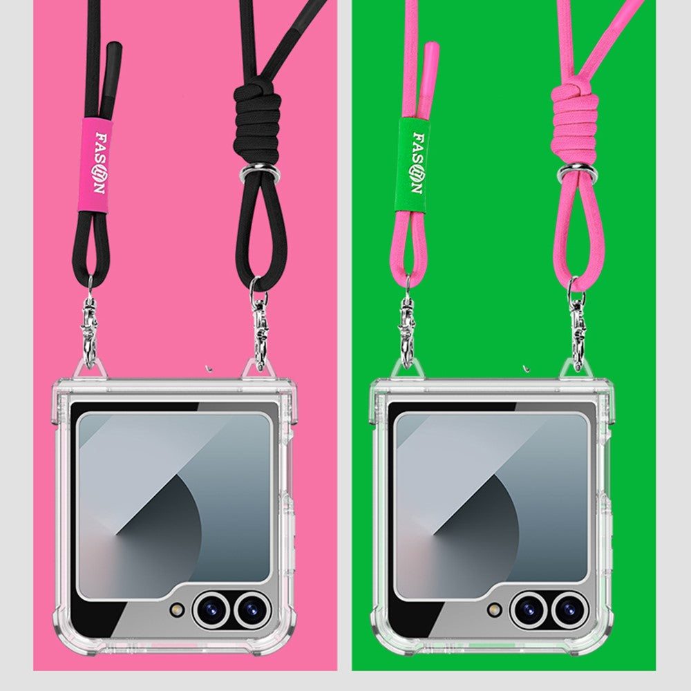 GKK For Samsung Galaxy Z Flip7 FE 5G / Z Flip6 5G Clear Case Airbag Hinge Protector PC Phone Cover with Strap - Black