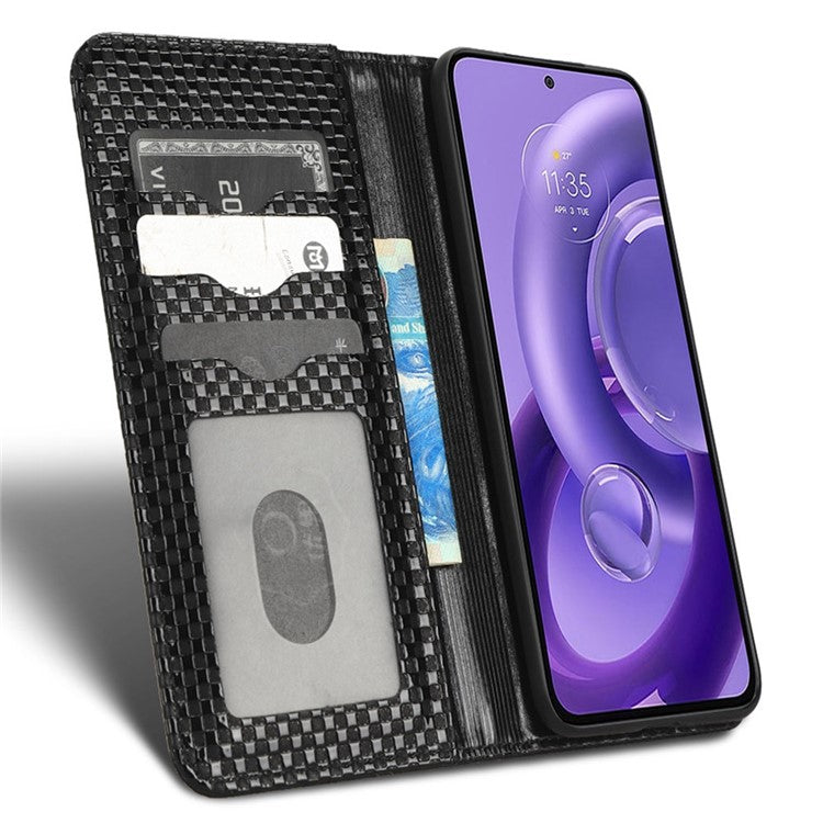 For Motorola Edge 30 Neo 5G / Edge 30 Lite 5G Slim Fit Grid Texture PU Leather Stand Case Auto-absorbed Phone Wallet Cover - Black