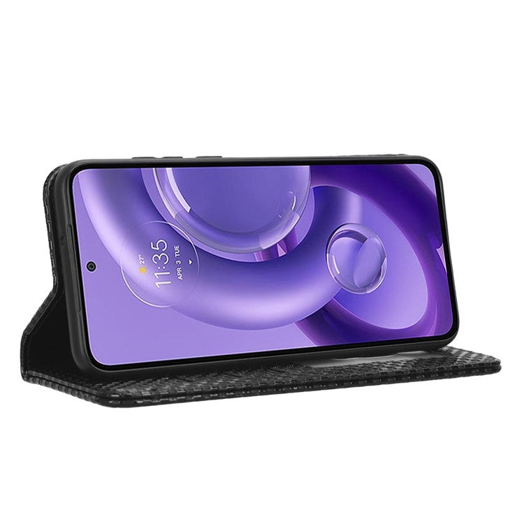 For Motorola Edge 30 Neo 5G / Edge 30 Lite 5G Slim Fit Grid Texture PU Leather Stand Case Auto-absorbed Phone Wallet Cover - Black