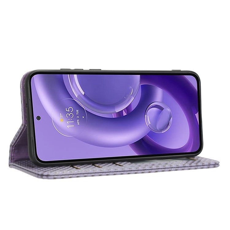 For Motorola Edge 30 Neo 5G / Edge 30 Lite 5G Slim Fit Grid Texture PU Leather Stand Case Auto-absorbed Phone Wallet Cover - Light Purple