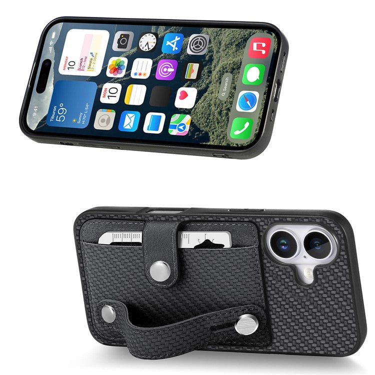 C1-01 For iPhone 16 Case Wristband Anti-Drop Leather Back Cover with Card Holder, Card Knife - Black