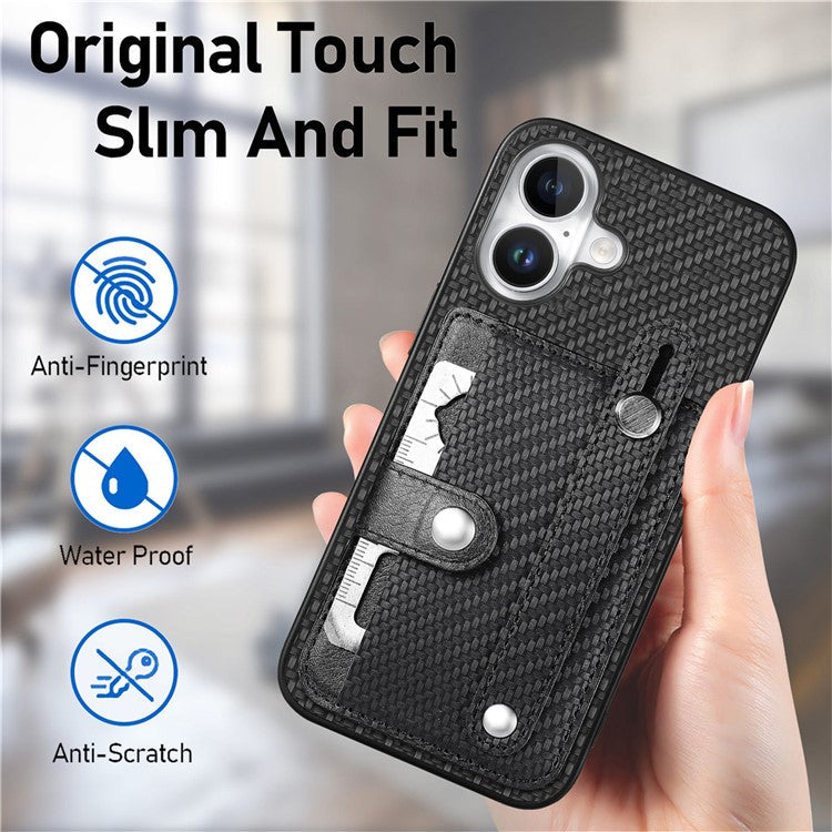 C1-01 For iPhone 16 Case Wristband Anti-Drop Leather Back Cover with Card Holder, Card Knife - Black