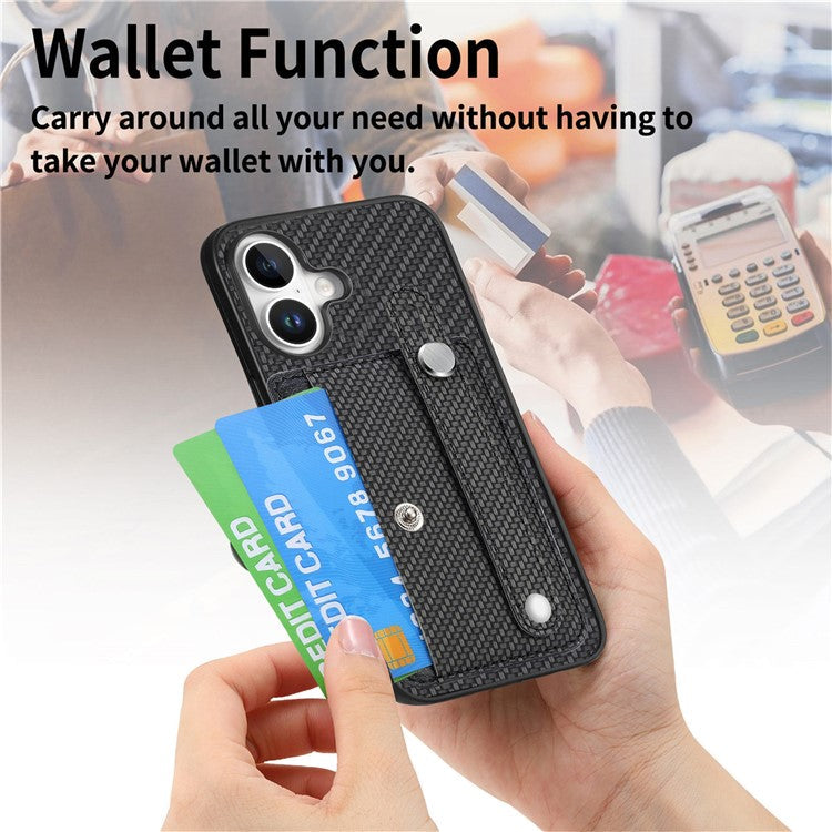 C1-01 For iPhone 16 Case Wristband Anti-Drop Leather Back Cover with Card Holder, Card Knife - Black