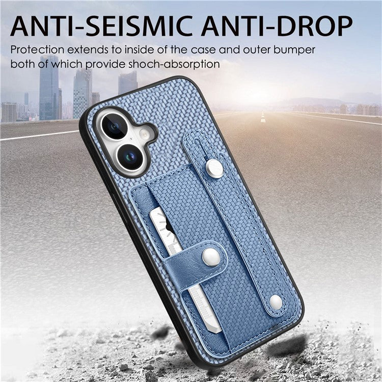 C1-01 For iPhone 16 Case Wristband Anti-Drop Leather Back Cover with Card Holder, Card Knife - Black