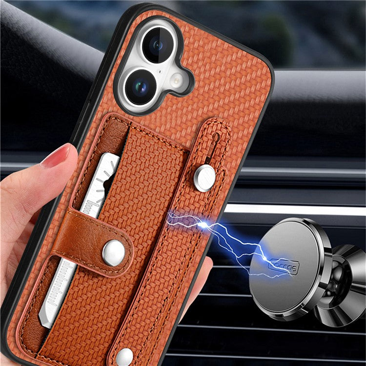 C1-01 For iPhone 16 Case Wristband Anti-Drop Leather Back Cover with Card Holder, Card Knife - Black