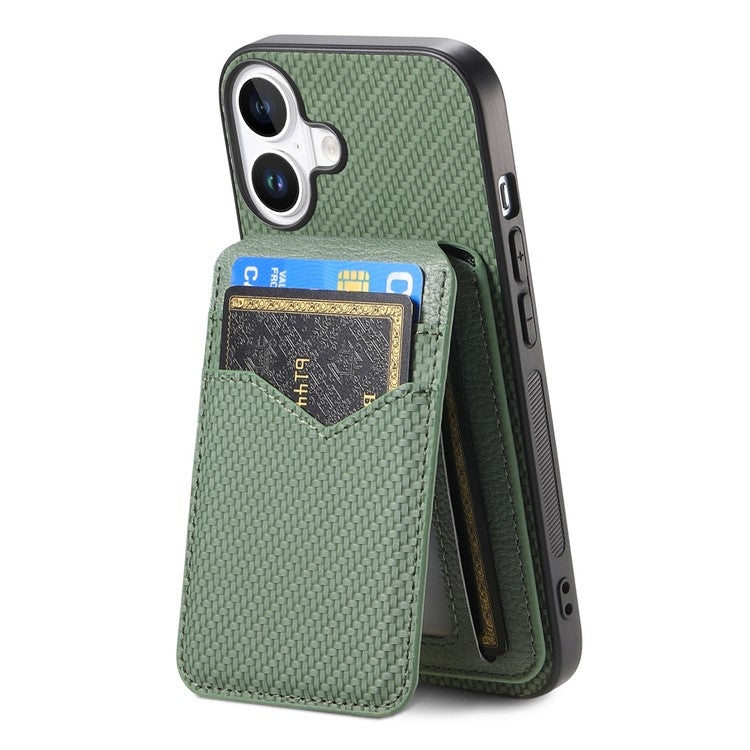 C1-14 For iPhone 16 Case Carbon Fiber Texture Leather+TPU Kickstand Phone Cover Detachable Card Holder - Green