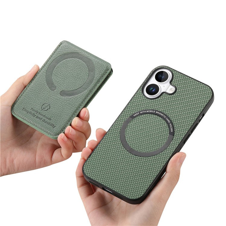 C1-14 For iPhone 16 Case Carbon Fiber Texture Leather+TPU Kickstand Phone Cover Detachable Card Holder - Green
