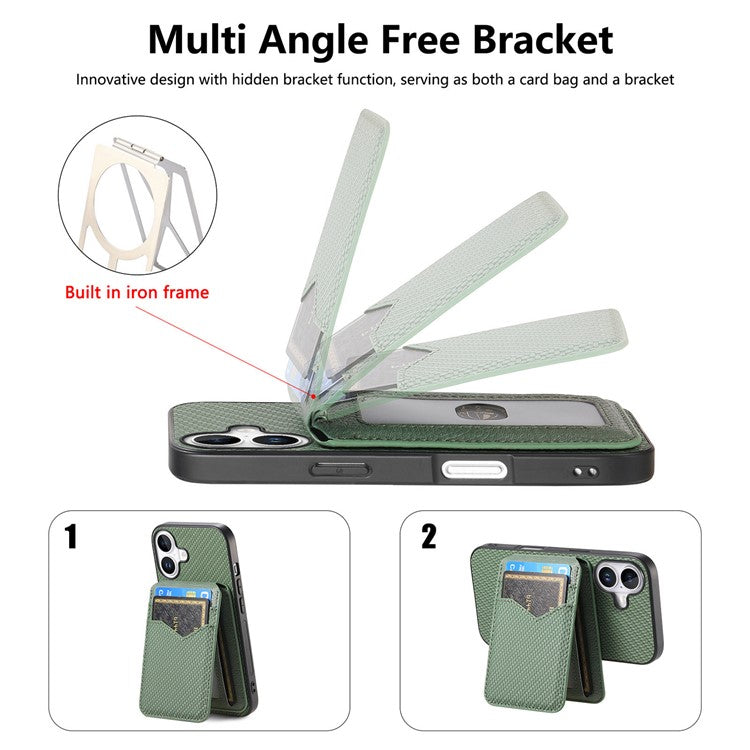 C1-14 For iPhone 16 Case Carbon Fiber Texture Leather+TPU Kickstand Phone Cover Detachable Card Holder - Green