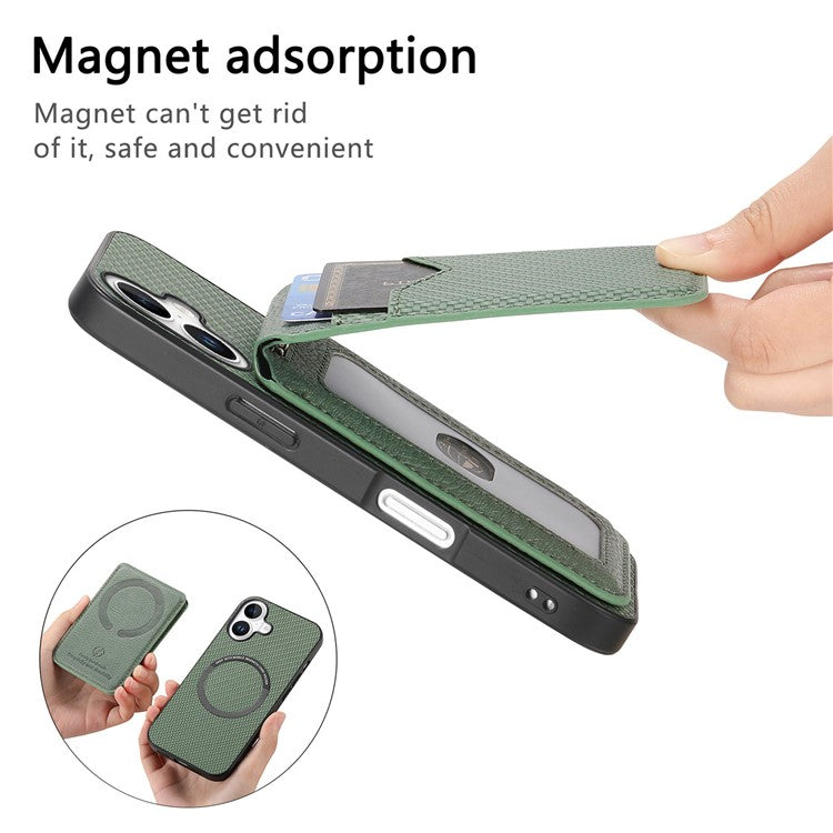 C1-14 For iPhone 16 Case Carbon Fiber Texture Leather+TPU Kickstand Phone Cover Detachable Card Holder - Green