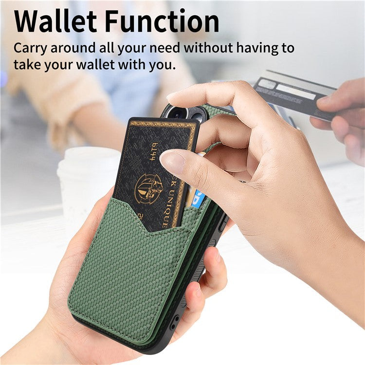 C1-14 For iPhone 16 Case Carbon Fiber Texture Leather+TPU Kickstand Phone Cover Detachable Card Holder - Green