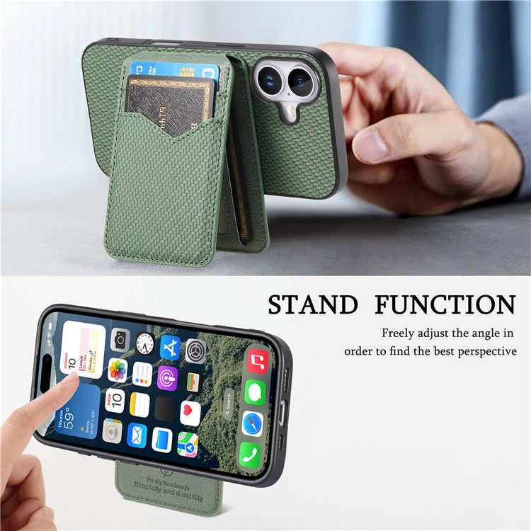 C1-14 For iPhone 16 Case Carbon Fiber Texture Leather+TPU Kickstand Phone Cover Detachable Card Holder - Green