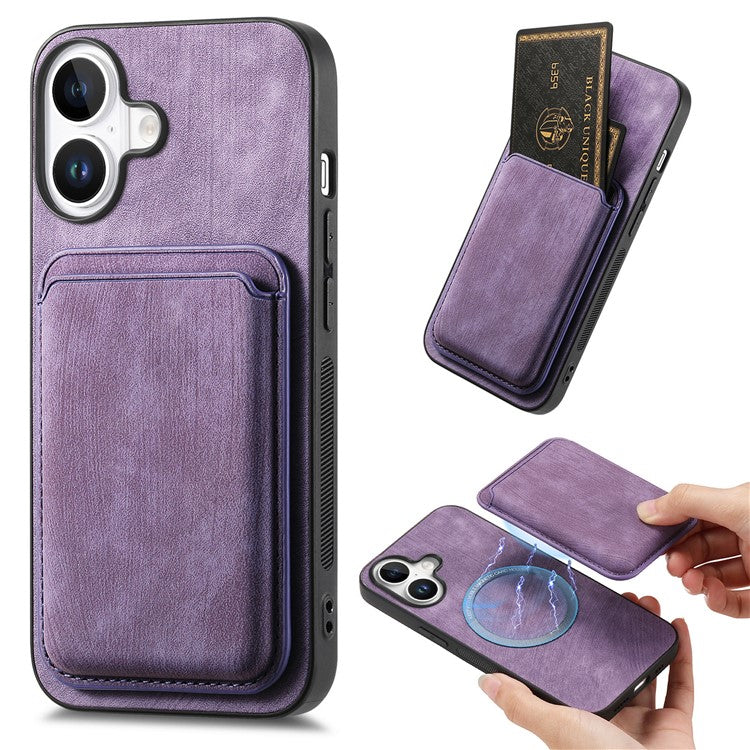 D12 For iPhone 16 Case Leather+TPU Retro Phone Cover with Detachable Card Slot - Purple