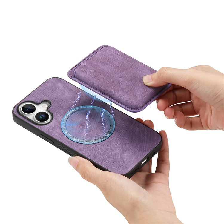 D12 For iPhone 16 Case Leather+TPU Retro Phone Cover with Detachable Card Slot - Purple