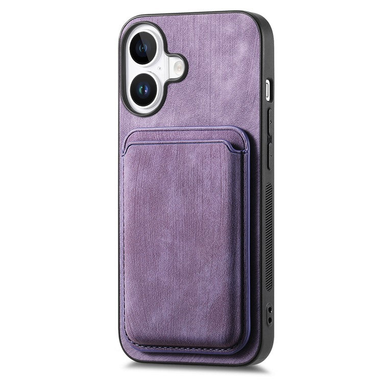 D12 For iPhone 16 Case Leather+TPU Retro Phone Cover with Detachable Card Slot - Purple