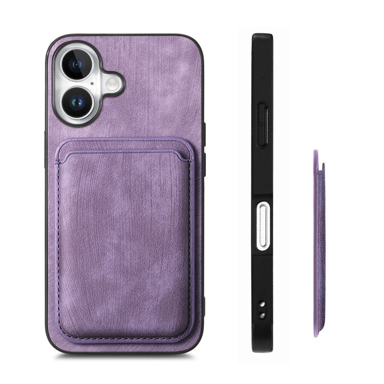 D12 For iPhone 16 Case Leather+TPU Retro Phone Cover with Detachable Card Slot - Purple