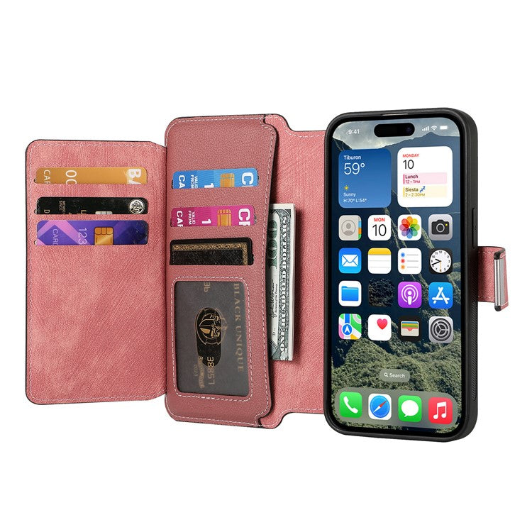CASENEO MW-02 For iPhone 16 Leather Case Detachable Magnetic Phone Cover - Pink